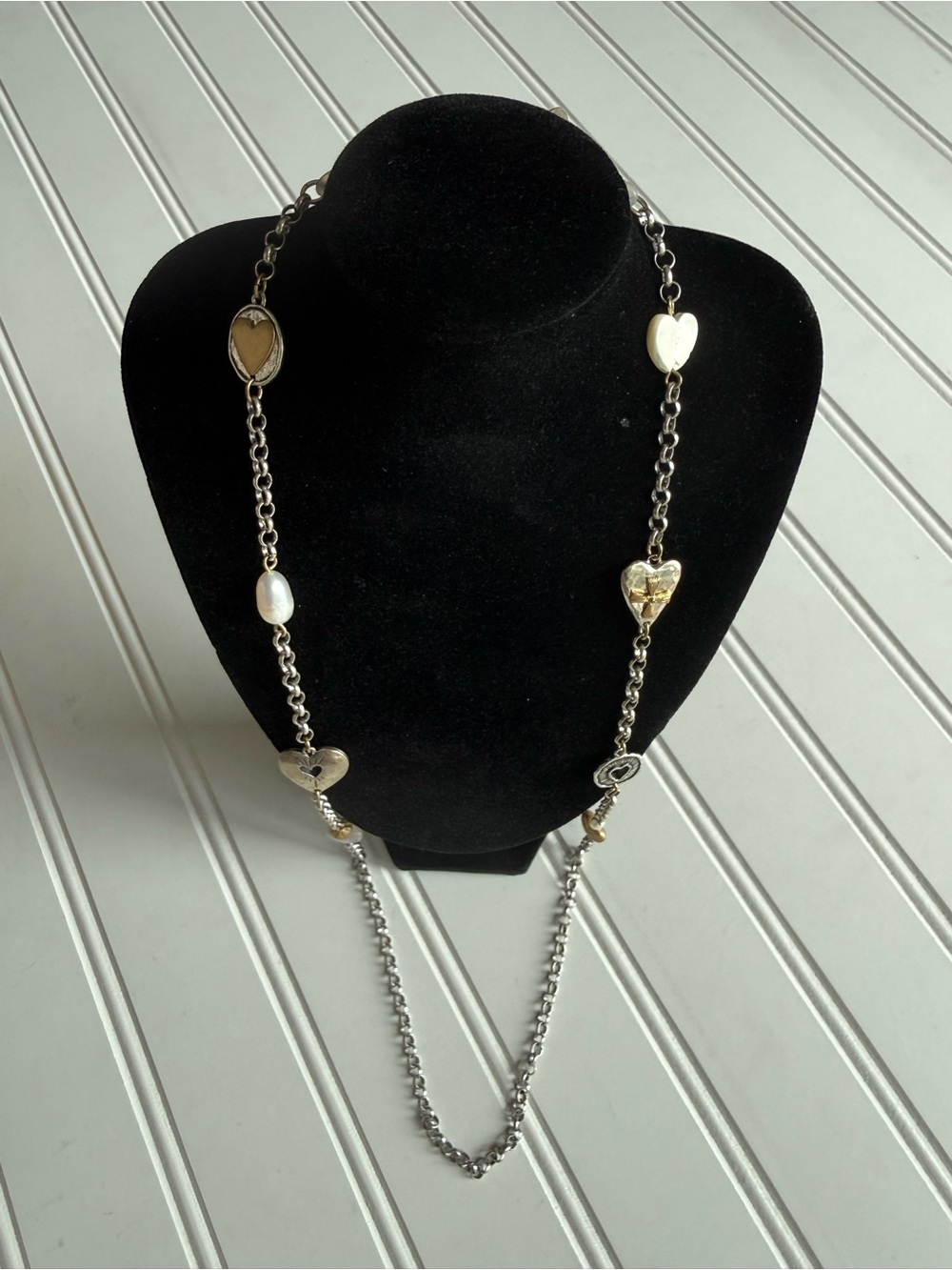 Chico’s Silver Tone Heart Beads STATEMENT Necklace 30”